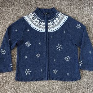 Vintage Crystal Kobe Women's Blue Snowflake Cardigan Size M Ramie/Cotton blend